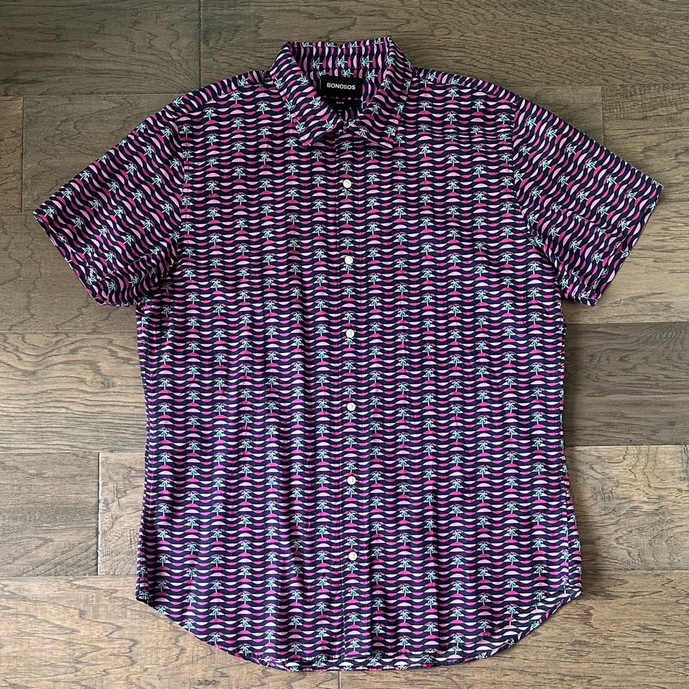 Bonobos Men's Pink and Blue Patterned Shirt-Long XL-slim fit